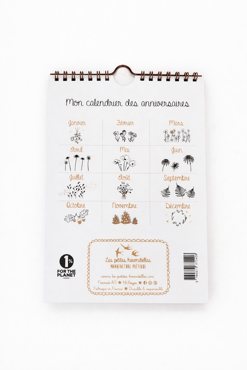 Calendrier perpétuel d’anniversaires A5 illustré – Motifs botaniques sur papier d’art - bobibeloCalendrier perpétuel d’anniversaires A5 illustré – Motifs botaniques sur papier d’art – PAPETERIE vintage – bobibelo