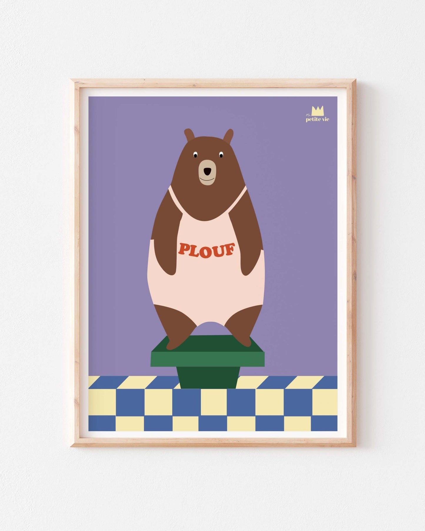 Affiche enfant Ours Plouf 30x40 avec ours plongeur illustration murale pour décoration chambre enfant