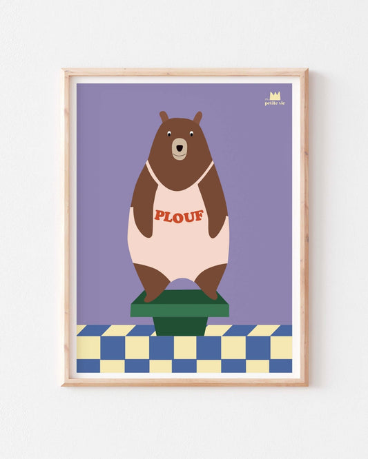 Affiche enfant Ours Plouf 30x40 avec ours plongeur illustration murale pour décoration chambre enfant