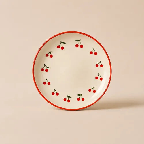 Assiette creuse décorative motif cerises rouges, parfaite pour servir pâtes, salades ou plats estivaux.