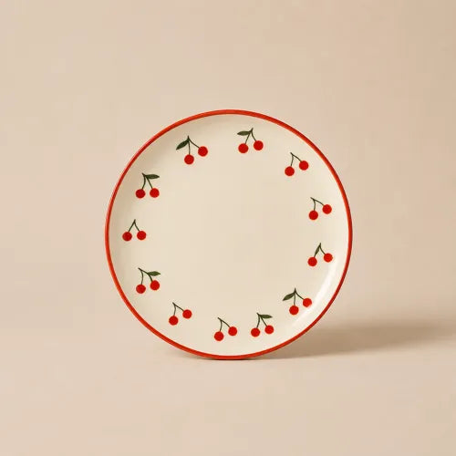 Petite assiette à dessert motif cerises rouges, idéale pour desserts, goûters ou décoration de table estivale.