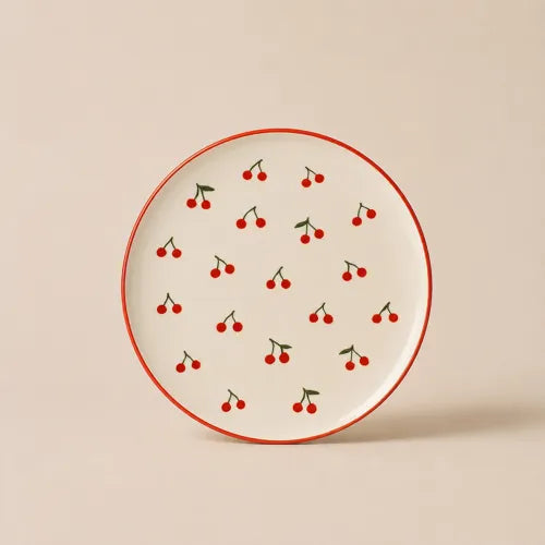 Assiette plate décorative motif cerises rouges sur fond clair, idéale pour une table estivale colorée et joyeuse.