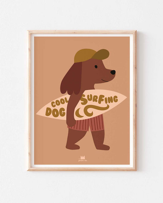 Affiche chien surfer 30x40 illustration murale décoration chambre enfant fabrication française