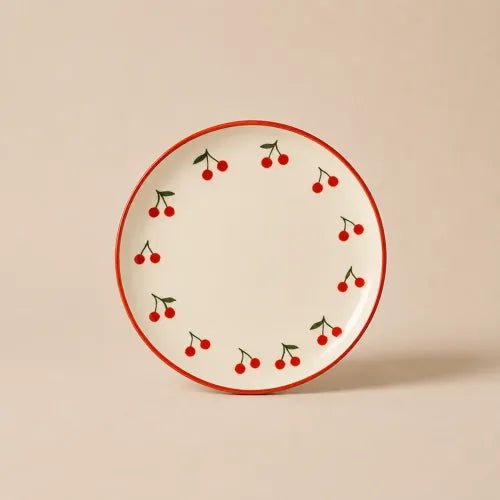 Assiette en grès motif cerises – Collection Cerise - bobibeloAssiette en grès motif cerises – Collection Cerise – Vaisselle vintage – bobibelo