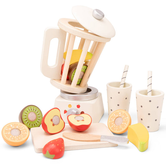 Blender en bois Woet pour enfant avec fruits à découper et gobelets à smoothies