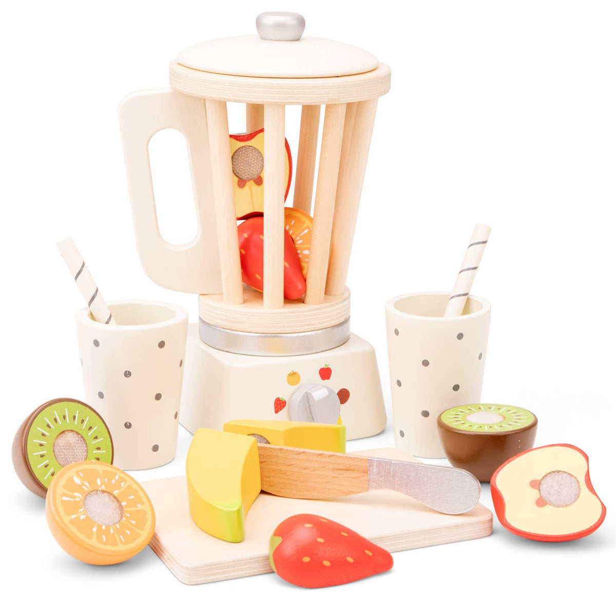 Blender jouet en bois avec fruits à découper pour préparer des smoothies