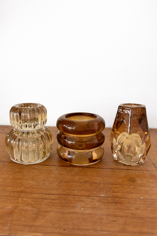 Lot de 3 bougeoirs en verre ambré brun fumé design décoratif