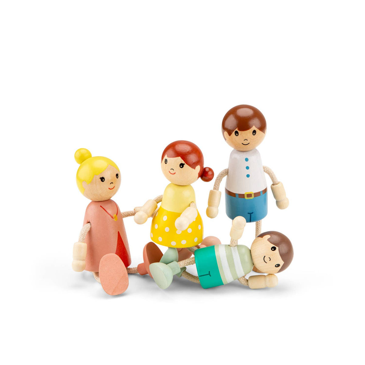 Famille de 4 poupées en bois articulées – Woet - BobibeloFamille de 4 poupées en bois articulées – Woet – Petit vintage – Bobibelo