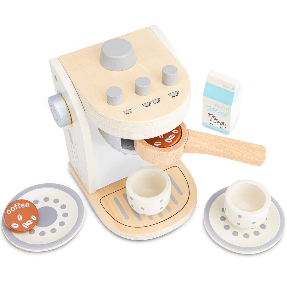 Accessoires de la machine à café jouet avec dosettes, tasses et soucoupes