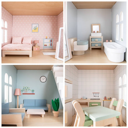 Maison de poupée en bois avec meubles – Woet - BobibeloMaison de poupée en bois avec meubles – Woet – Petit vintage – Bobibelo