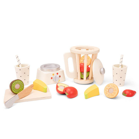 Vue de dessus du mixeur à smoothies en bois avec fruits et accessoires