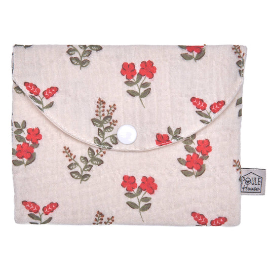 Pochette à savon imperméable beige à motifs de fleurs rouges avec bouton-pression