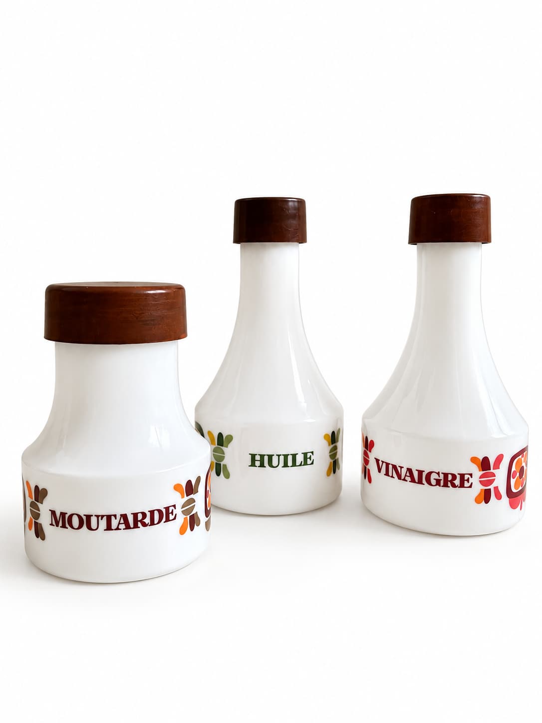Trois pots à condiments Mobil aux motifs floraux rétro orange, brun, rouge et vert