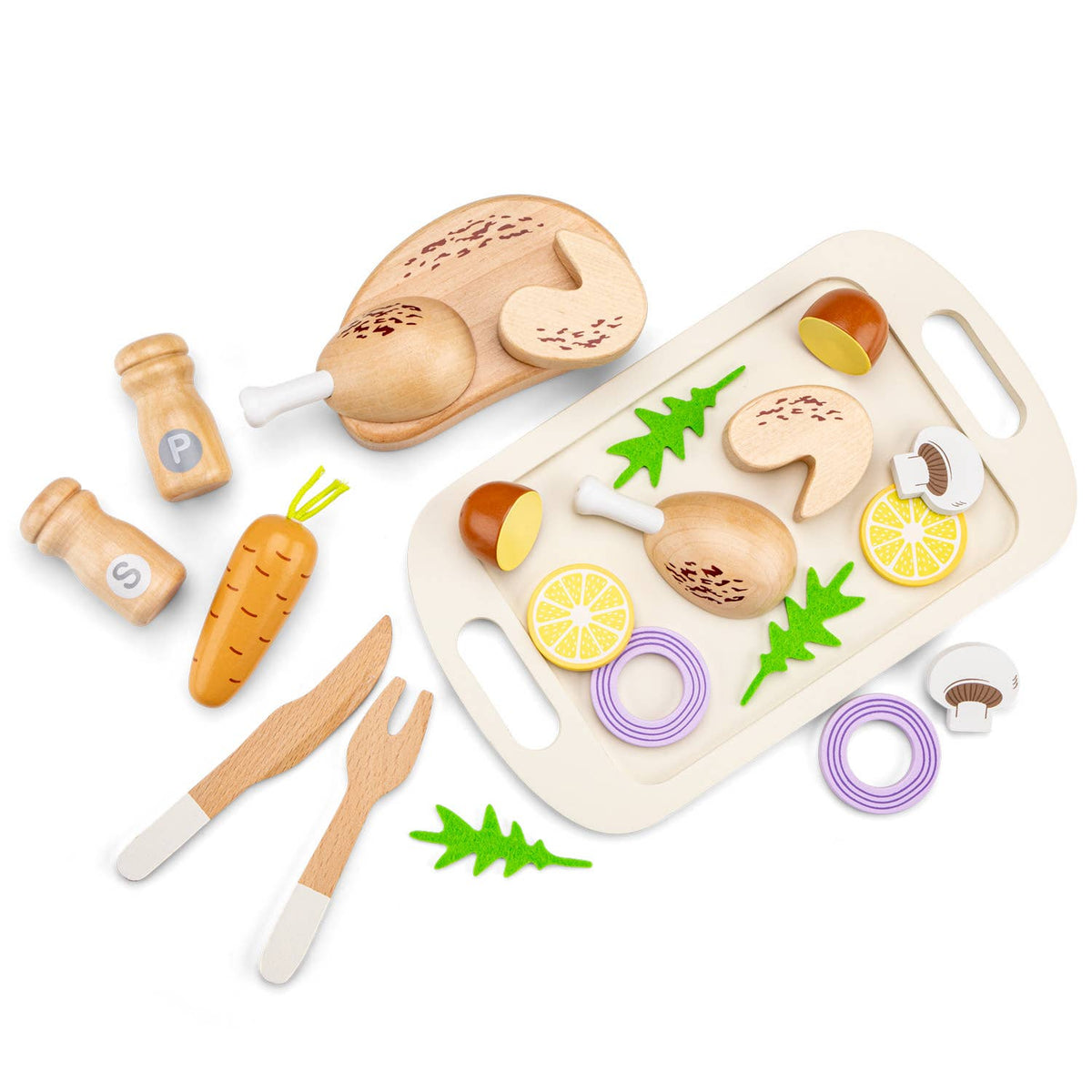 Set de poulet rôti en bois avec plateau – Woet - BobibeloSet de poulet rôti en bois avec plateau – Woet – Petit vintage – Bobibelo