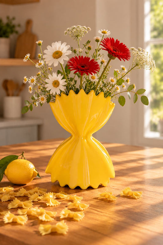 Vase Pasta Farfalle jaune en céramique – Fluid Market - BobibeloVase Pasta Farfalle jaune en céramique – Fluid Market – OD vintage – Bobibelo