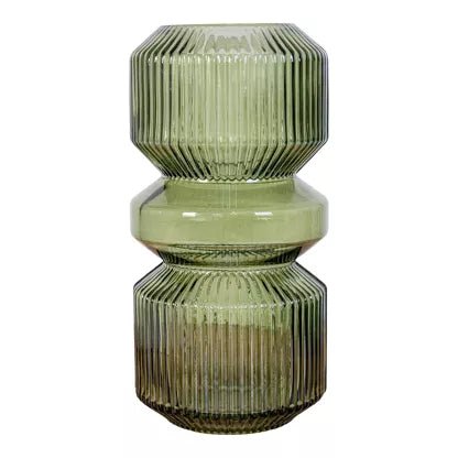 Vase vert nervuré en verre – Design rétro sculptural – 25 cm - bobibeloVase vert nervuré en verre – Design rétro sculptural – 25 cm – OD vintage – bobibelo